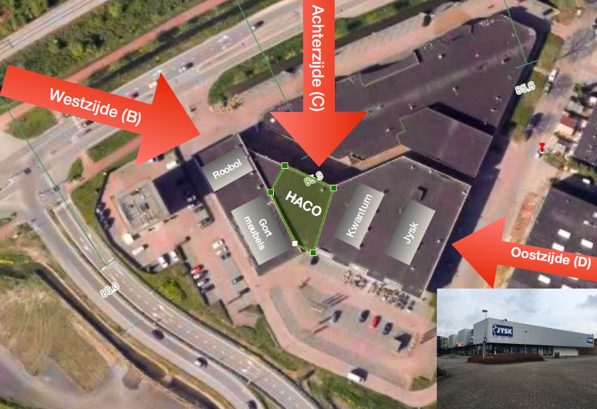 A picture from above showing the furniture store. Cobra and BA attack was made from the rear, see arrow named "Achterzijde (C)"